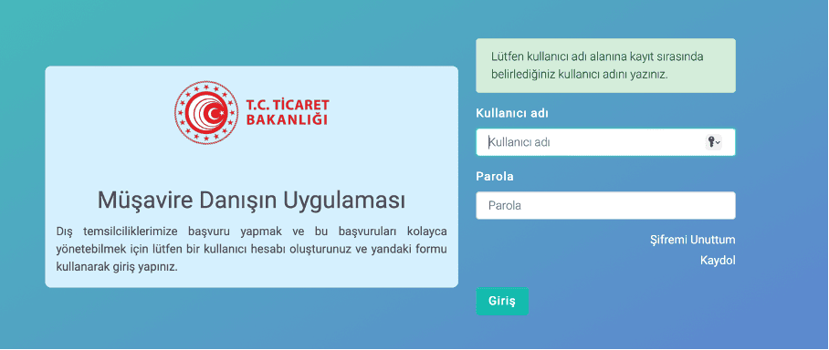 Müşavire Danışın Uygulaması dış ticaretle uğraşan bir kişinin ticari müşavir veya danışmanlarla iletişime geçebildiği bir uygulamadır.