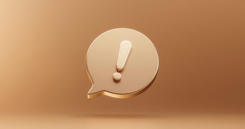 gold important exclamation icon sign attention caution mark illustration graphic element symbol golden background with warning problem error update message button design concept 3d rendering
