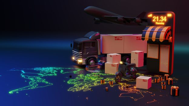 3d delivery truck loaded with cardboard box smartphone with world map pointer delivery shipping service concept